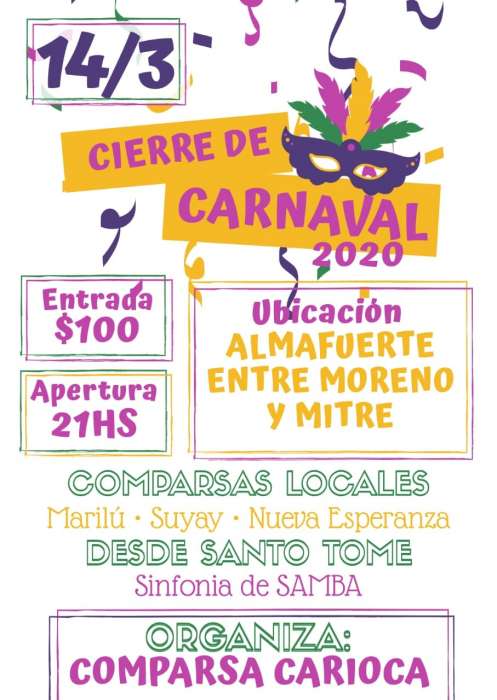 Cierre de Carnavales – Comparsa Carioca 14 marzo -9:00 pm